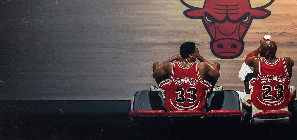 Michael Jordan and Scottie Pippen on the Chicago Bulls bench